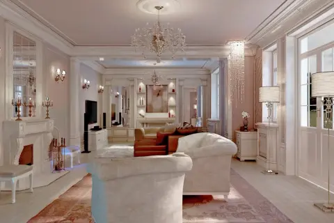 Elegancki salon w stylu francuskim, z kryształowymi żyrandolami, kominkiem i wygodnymi sofami.