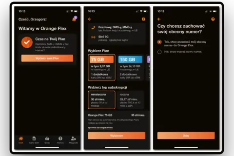 Aplikacja Orange Flex pozwala na wybór planu i przeniesienie numeru. Wybierz 75 GB lub 150 GB, a potem zdecyduj o subskrypcji.