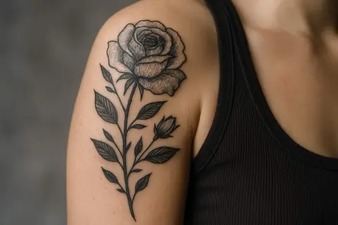 Ein detailliertes Rosen-Tattoo mit silberner Haut-Optik ziert die Schulter.