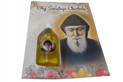 Olej Świętego Charbela, przedstawiony na tle jego wizerunku, jest symbolem nadziei i wsparcia w trudnych chwilach.