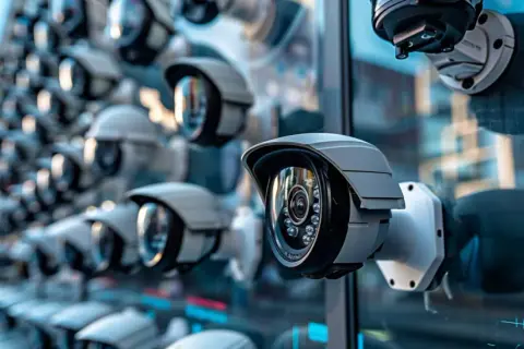 Une rangée de caméras de surveillance, certaines avec des LED pour la vision nuit, surveillent les environs.