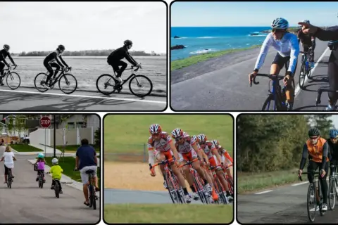 Kolumna rowerowa w akcji: zawodnicy ścigają się, rodzina jedzie na rowerach po osiedlu, a inni cykliści pokonują trasę.