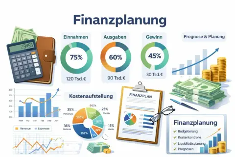 Einblicke in die Finanzplanung: Einnahmen, Ausgaben, Gewinn, Kostenaufstellung und Prognosen. Ein detaillierter businessplan erstellen ist hier visuell dargestellt.