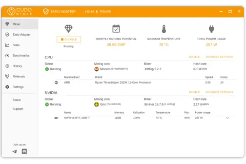 Program do kopania kryptowalut Cudo Miner pokazuje status kopania CPU i NVIDIA. Widoczny jest potencjał zarobkowy, temperatura i zużycie energii.