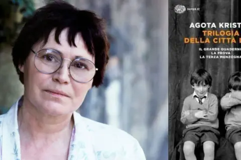 Ritratto di Agota Kristof accanto alla copertina de "La trilogia della città di K.", che narra le vicende di due gemelli.