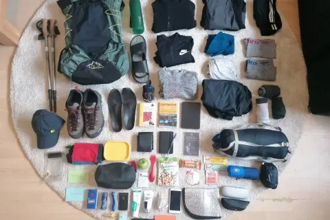 Packliste Jakobsweg: Rucksack, Wanderschuhe, Kleidung, Wasserflasche, Wanderstöcke, Reiseführer und weitere Essentials für den Pilgerweg.