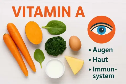 Karotten, Süßkartoffel, Spinat, Ei, Käse und Milch – Lebensmittel reich an Vitamin A für gesunde Augen, Haut und Immunsystem.