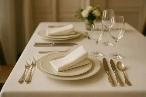 Une table dressée avec soin, illustrant la position des couverts à la française. Assiettes, verres et serviettes invitent à un repas élégant.