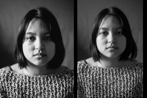 Comparaison photo argentique vs numérique : deux portraits en noir et blanc d'une jeune femme, l'un avec un grain subtil, l'autre plus net.