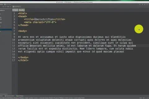 Código HTML con texto de relleno. El `<body>` muestra un ejemplo de cómo se puede usar un salto de línea en HTML para organizar el contenido.