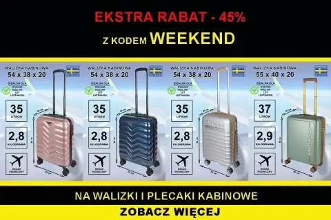Cztery walizki kabinowe w różnych kolorach, idealne jako easyjet bagaż podręczny. Promocja z kodem WEEKEND.