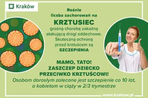 Rośnie liczba zachorowań na krztusiec. Skuteczną ochroną są szczepienia. Zaszczep dziecko przeciwko krztuścowi! Kraków.