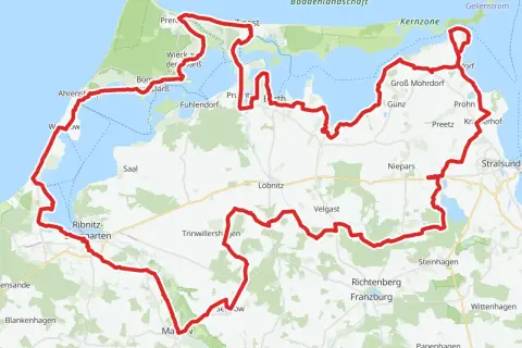 Mapa z zaznaczonymi trasami rowerowymi w Niemczech, wiodącymi przez malownicze wybrzeże i tereny nad Zatoką Bodenską.