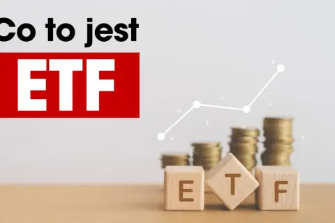 Co to jest ETF? Na obrazku kostki z literami E, T, F, stosy monet i wykres wzrostu.
