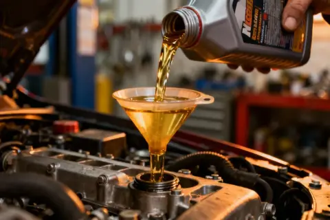 Un mécanicien verse de l'huile neuve dans le moteur d'une voiture essence lors d'une vidange.