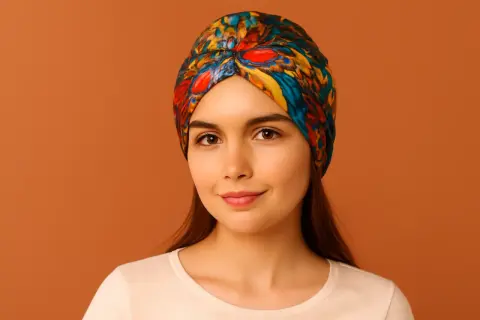Uśmiechnięta młoda kobieta w kolorowym turbanie na głowie.