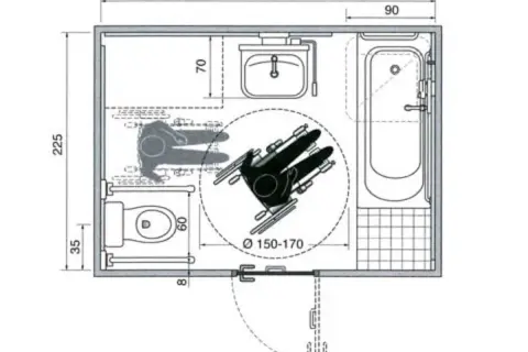 Plan d'une salle de bain PMR avec WC, baignoire et lavabo, optimisée pour la circulation en fauteuil roulant.