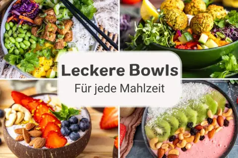 Vier bunte Bowl-Rezepte: eine mit Tofu und Edamame, eine mit Falafel, eine Smoothie-Bowl mit Früchten und Nüssen, und eine weitere mit Kiwi und Beeren.
