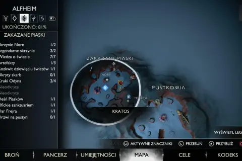 Mapa Alfheimu, obszar Zakazane Piaski. Kratos szuka kruków Odyna, pozostały 2 z 4.