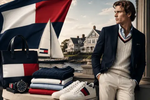 Tommy Hilfiger co to za firma? Stylowy mężczyzna w marynarce, swetrze i spodniach, obok torba, zegarek, swetry i buty. W tle żaglówka i domy.