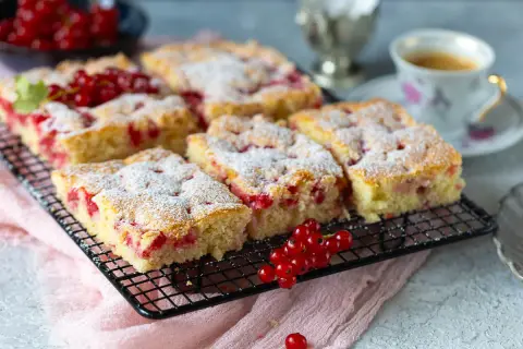 Saftiger Johannisbeer Kuchen, mit Puderzucker bestäubt, auf einem Gitterrost, daneben eine Tasse Kaffee und frische Johannisbeeren.