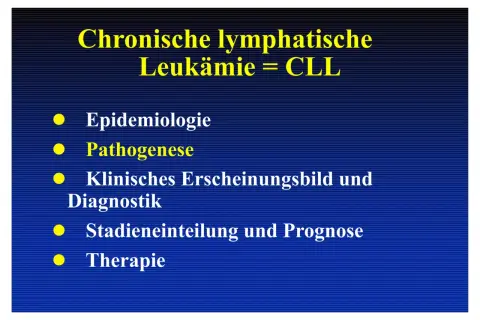 Folie zur chronischen lymphatischen Leukämie (CLL). Themen: Epidemiologie, Pathogenese, klinisches Erscheinungsbild, Diagnostik, Stadieneinteilung, Prognose und Therapie.