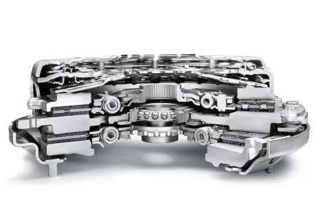 Przekrój skrzyni biegów DSG, ukazujący złożoną budowę mechanizmu. Wymiana sprzęgła DSG to skomplikowany proces.