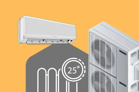 Unidad interior y exterior de aire acondicionado. Disfruta de una calefacción eléctrica más eficiente a 25 grados.