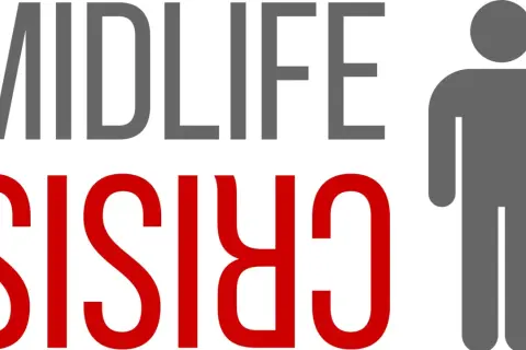 Midlife crisis man: hoe lang duurt het? Grijze tekst "MIDLIFE" en rode tekst "CRISIS" met een grijze man-icoon.