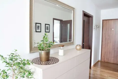 Soluzioni idee piccolo ingresso casa: specchio decorativo, cassettiera chiara, pianta verde e candela creano un'atmosfera accogliente.