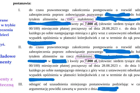 Wygrane alimenty w trybie zabezpieczenia na 2 dzieci, 14 tys. zł miesięcznie. Sprawa o alimenty kosztuje 7.000 zł.