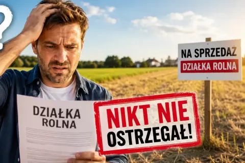 Zdezorientowany mężczyzna trzyma dokument "Działka rolna", obok znak "Na sprzedaż działka rolna". Zastanawia się nad rodzajami działek.