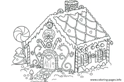 Casa de jengibre decorada con dulces, bastones de caramelo y un árbol de Navidad. Dibujos de Navidad para colorear.