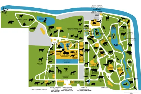 Mapa największego zoo w Polsce z zaznaczonymi wybiegami zwierząt, od lwów po pandy.