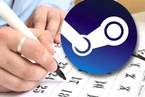 Ręka zaznacza datę na kalendarzu, symbolizując oczekiwanie na **Steam przeceny**.