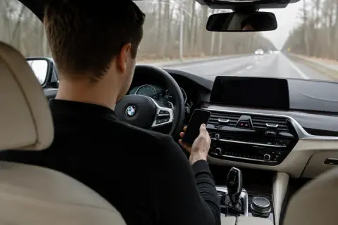 Mężczyzna trzyma telefon podczas jazdy samochodem, ryzykując mandat za telefon.