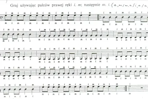 Nuty na gitarze z oznaczeniami palców prawej ręki (i, m). Ćwiczenie palcowania.