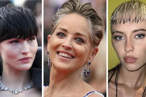 Tre donne con capelli corti, un look che ricorda gli anni '80, sfoggiano acconciature audaci e moderne.