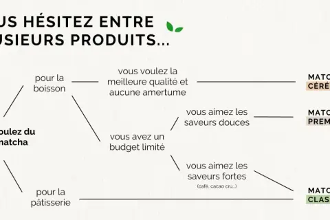 Schéma comparatif des thés matcha : Cérémonie, Premium, Classique, selon l'usage et les préférences gustatives.