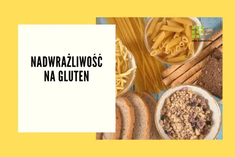 Kolaż produktów zawierających gluten: makaron, chleb, płatki śniadaniowe i paluszki.
