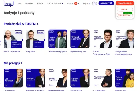 Miniaturki podcastów i audycji radiowych TOK FM, w tym "A teraz na poważnie", "Połączenie", "Jeszcze więcej sportu".