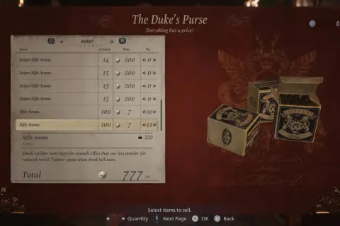 Menu z ekwipunkiem w Resident Evil Village. Gracz przegląda amunicję, co jest kluczowe w tym poradniku.