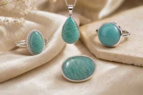 Joyas con amazonita, piedra conocida por sus propiedades calmantes y de equilibrio. Anillos y colgante con gemas verde azulado.