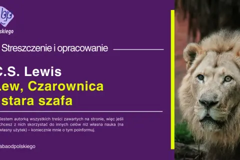 Zbliżenie na pysk lwa z grzywą, obok tekst o książce "Lew, Czarownica i stara szafa".