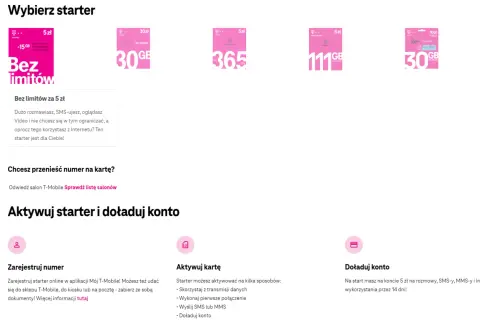 T-Mobile oferta dla przenoszących numer: wybierz starter z pakietem 30 GB za 30 zł lub 111 GB za 5 zł. Aktywuj kartę i doładuj konto.