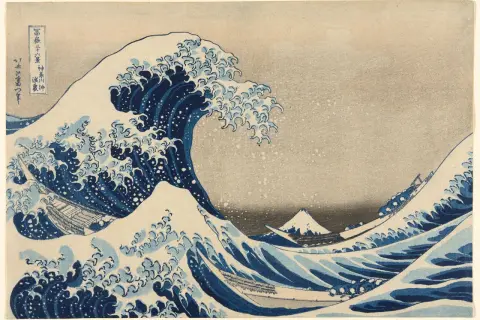A powerful wave crashes in this iconic piece of modern Japanese art, with boats struggling against the spray and Mount Fuji in the distance.