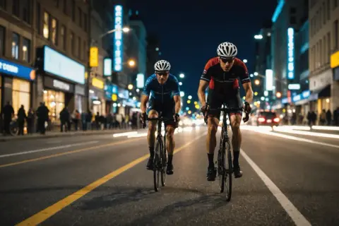 Deux cyclistes en tenue de course filent sur une avenue illuminée la nuit. Cette **photo en mouvement** capture l'énergie de la ville et la vitesse des athlètes.