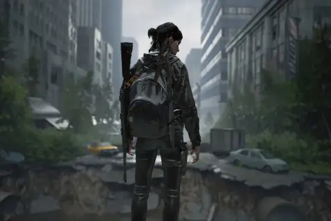 Dziewczyna z plecakiem i karabinem na tle zniszczonego miasta. Czy to gra typu fps, co to znaczy?