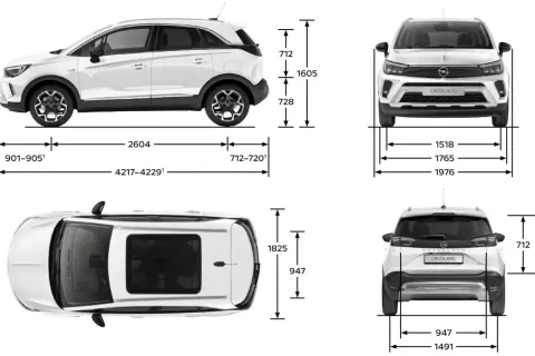 Opel Crossland wymiary: długość 4217-4229 mm, szerokość 1765 mm, wysokość 1605 mm. Widok z boku, przodu, tyłu i góry.