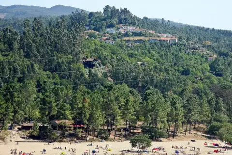 Playa con gente disfrutando del sol y el agua, rodeada de pinos y casas en la ladera. Para saber gondomar como llegar, busca esta idílica estampa.
